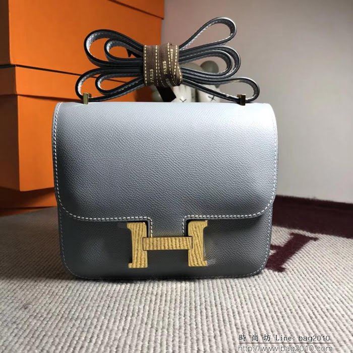 HERMES愛馬仕 空姐包 constance 亞麻藍 EPSOM 18cm 金扣 蠟線縫製 單肩斜挎包  Ama1511